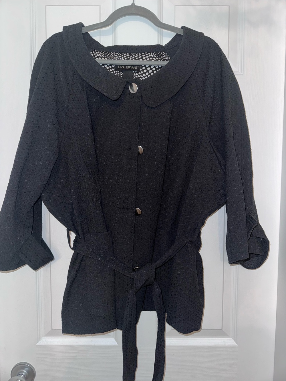 Lane Bryant Black Textured Button-Front Tie-Waist Coat